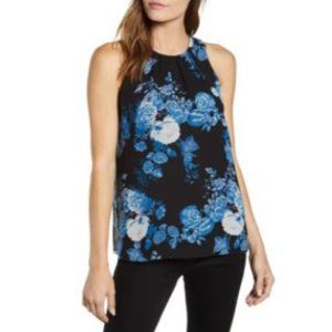 NWT Vince Camuto Cabbage Rose Toile Sleeveless Chiffon Blouse Rich Black Blue S